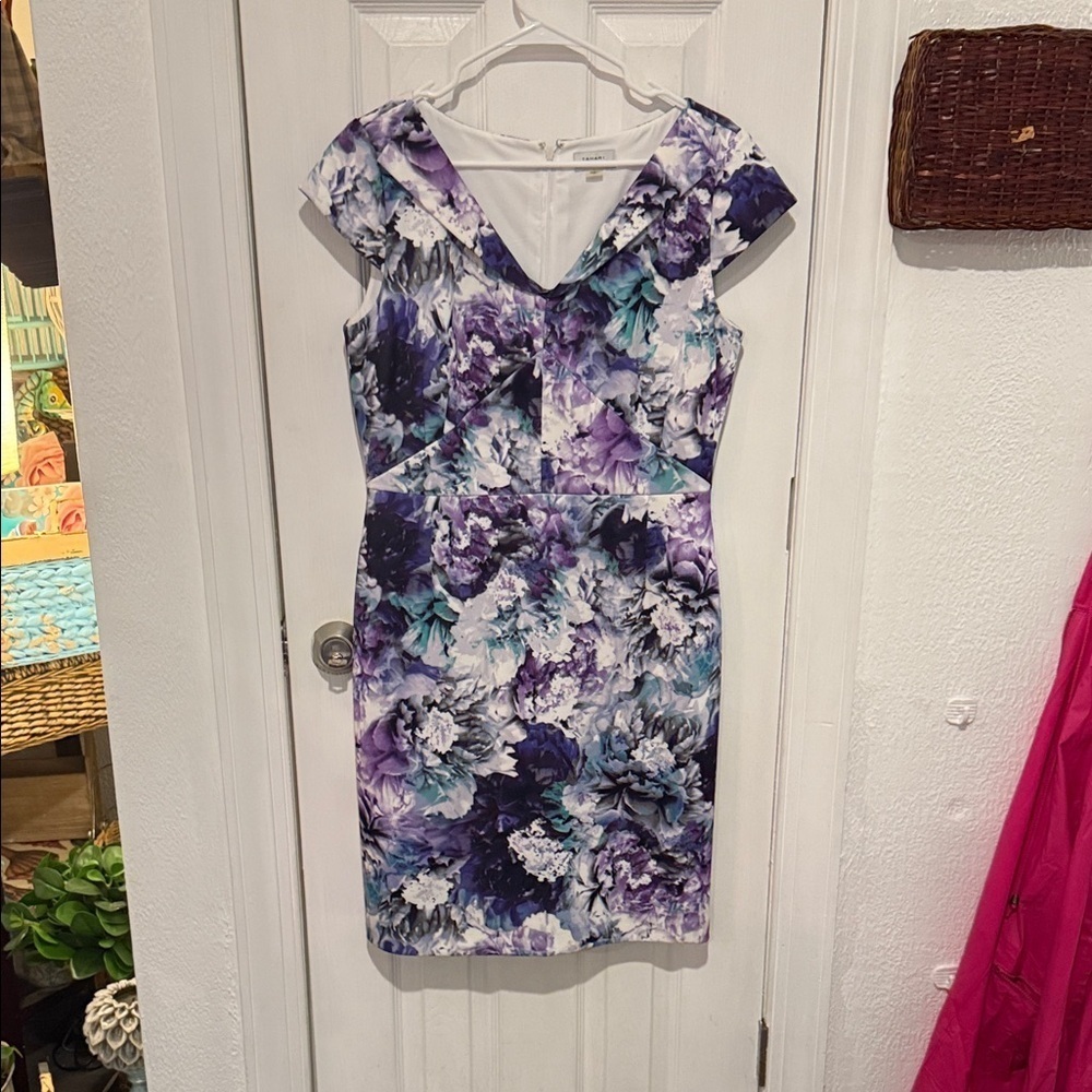 Tahari Purple and Blue Floral Midi Dress